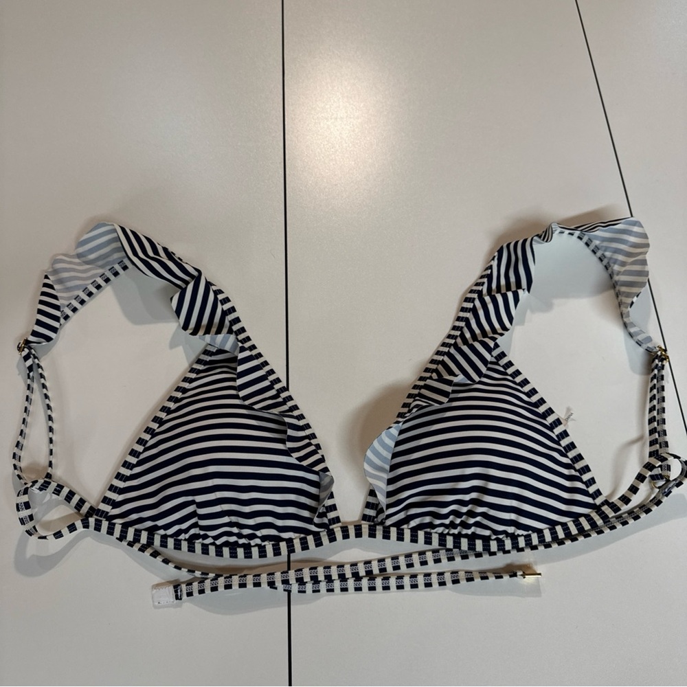 NWOT Tory Burch Sz L Navy Striped Flounce Ruffle Triangle Bikini Swim String Top
